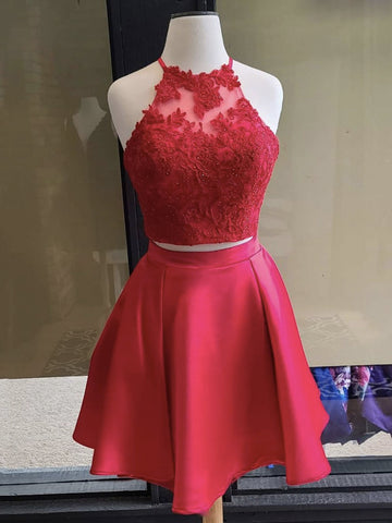 Two Pieces Red Lace Short Prom Dresses, 2 Pieces Red Homecoming Dresses, Red Lace Formal Graduation Evening Dresses SP2100