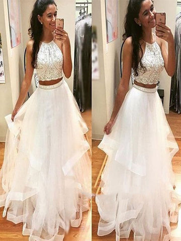Two Pieces Sequins Tulle White Prom Dresses, White Formal Dresses, Evening Dresses