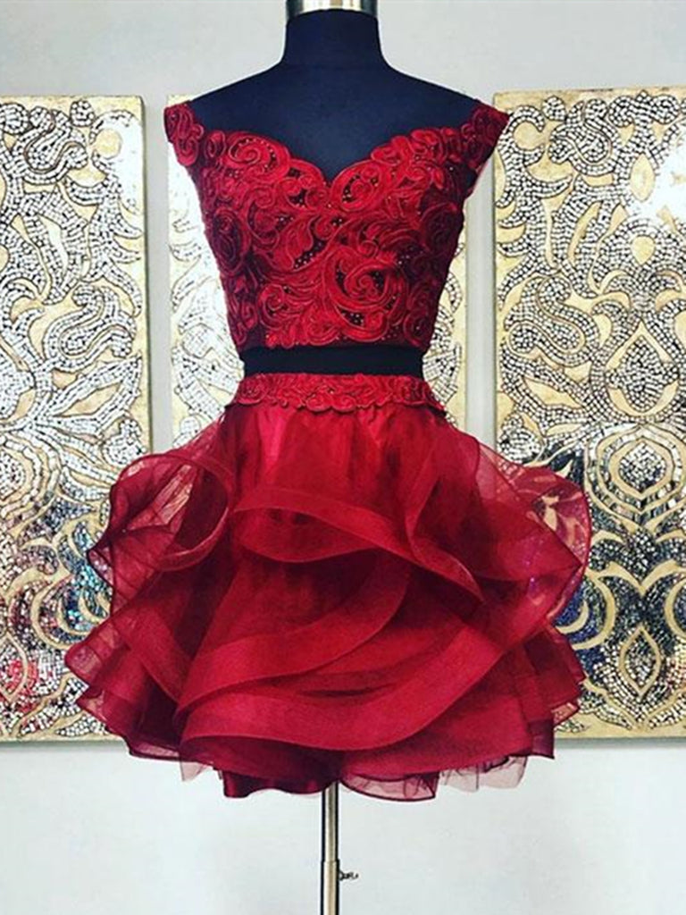Two Pieces Short Burgundy Lace Prom Dresses, Burgundy Lace Formal Grad Shiny Party Two Pieces Short Burgundy Lace Prom Dresses, Burgundy Lace Formal Grad Shiny Party