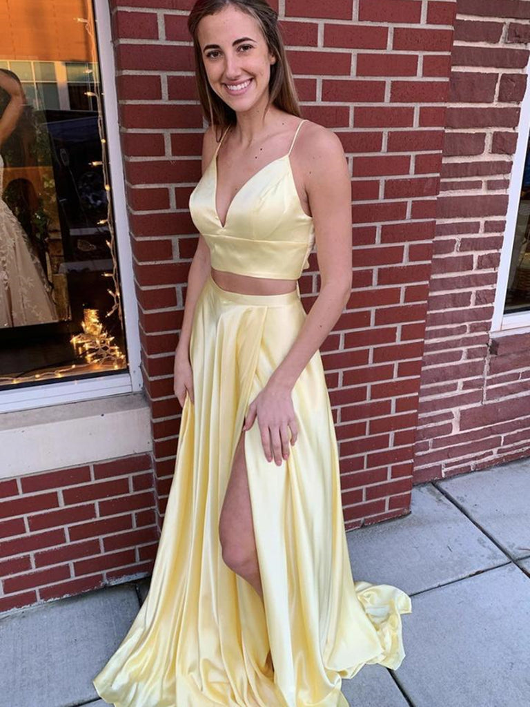 Two Pieces V Neck Long Yellow Prom Dresses with Slit, 2 Pieces Yellow Shiny Party Two Pieces V Neck Long Yellow Prom Dresses with Slit, 2 Pieces Yellow Shiny Party