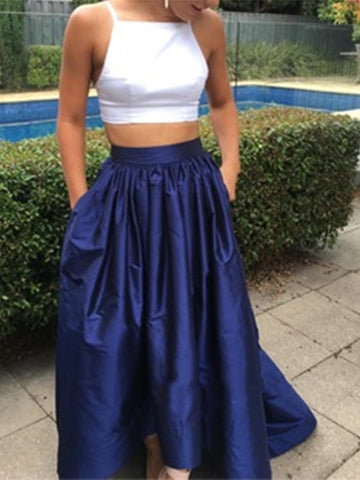Two Pieces White And Navy Blue Satin Prom Dresses, Navy Blue Prom Gown, White Prom Dresses