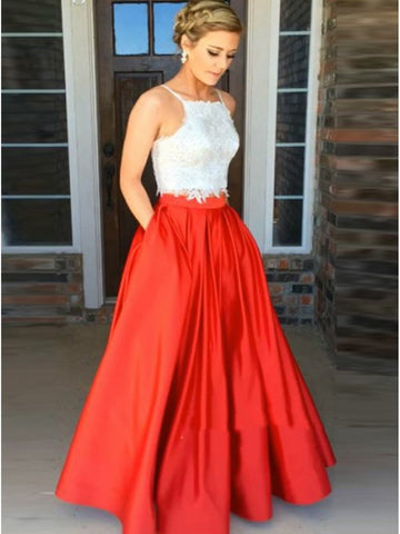 Two Pieces White Lace Red Prom Dress, Red Formal Dress, Lace Evening Dress