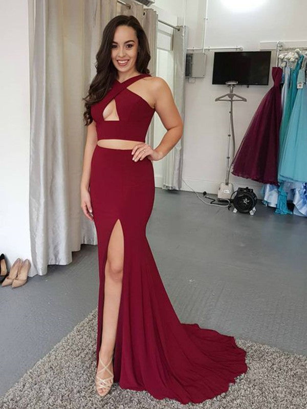 Two Piece Halter Mermaid Burgundy/Blue Prom Dresses with Side Slit, Mermaid Burgundy/Blue Formal Dresses Two Piece Halter Mermaid Burgundy/Blue Prom Dresses with Side Slit, Mermaid Burgundy/Blue Formal Dresses