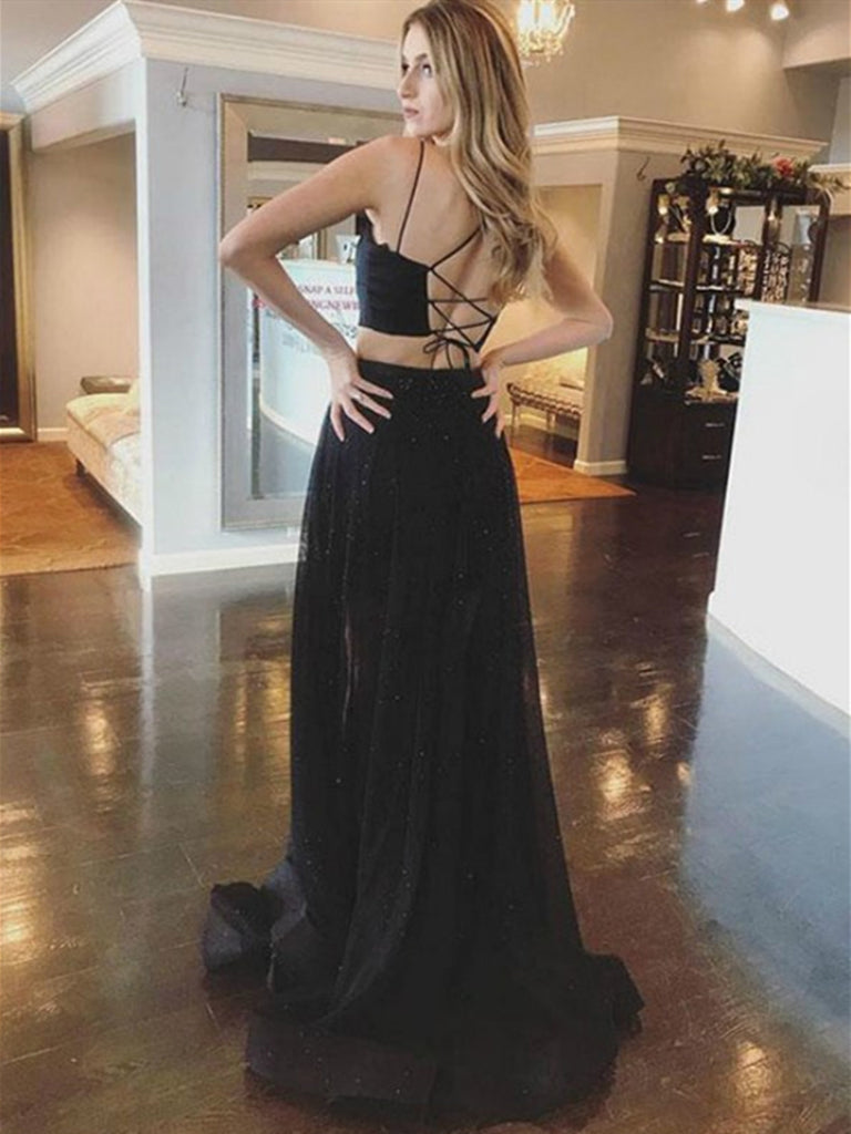 Two Piece Spaghetti Straps Mermaid Cross Back Satin Black Long Prom Dr Shiny Party Two Piece Spaghetti Straps Mermaid Cross Back Satin Black Long Prom Dr Shiny Party