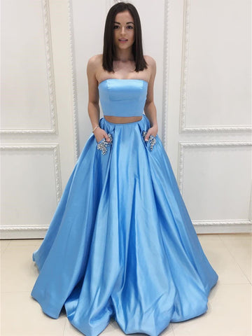 Two Piece Strapless Blue Satin Long Prom Dresses with Beading Pockets, Blue Formal Dresses, Two Pieces Blue Evening Dresses