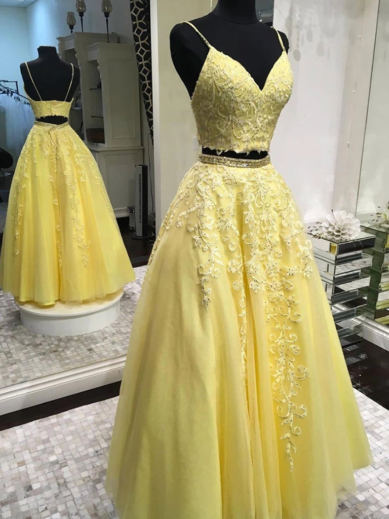 V Neck Two Pieces Backless Beaded Yellow Lace Long Prom Dresses, 2 Pie Shiny Party V Neck Two Pieces Backless Beaded Yellow Lace Long Prom Dresses, 2 Pie Shiny Party