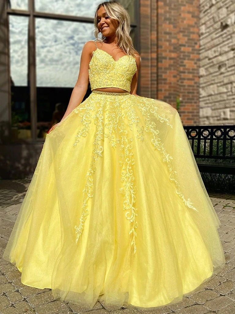 V Neck Two Pieces Backless Beaded Yellow Lace Long Prom Dresses, 2