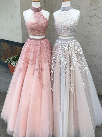 Two Pieces Champagne/Pink Lace Prom Dresses, Two Pieces Lace Formal Dresses, Two Pieces Lace Graduation Dresses