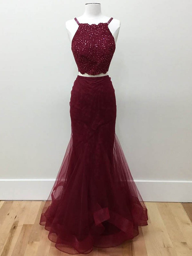 Two Pieces Halter Neck Mermaid Tulle Maroon Prom Dresses with Beadings, Maroon Formal Dresses, Evening Dresses