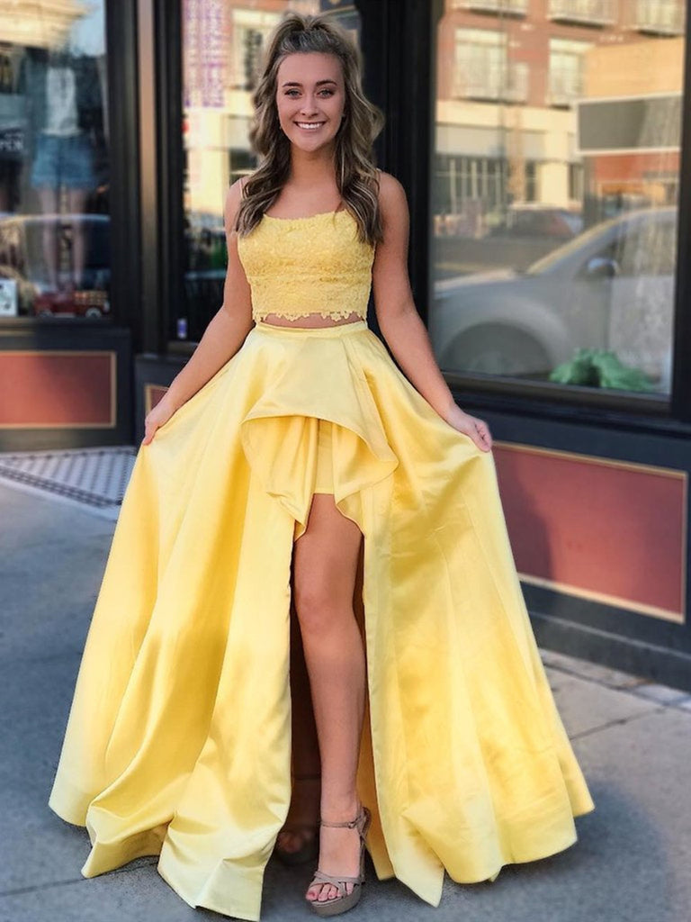Two Pieces High Low Lace Yellow Prom Dresses, Two Pieces Yellow Formal Shiny Party Two Pieces High Low Lace Yellow Prom Dresses, Two Pieces Yellow Formal Shiny Party