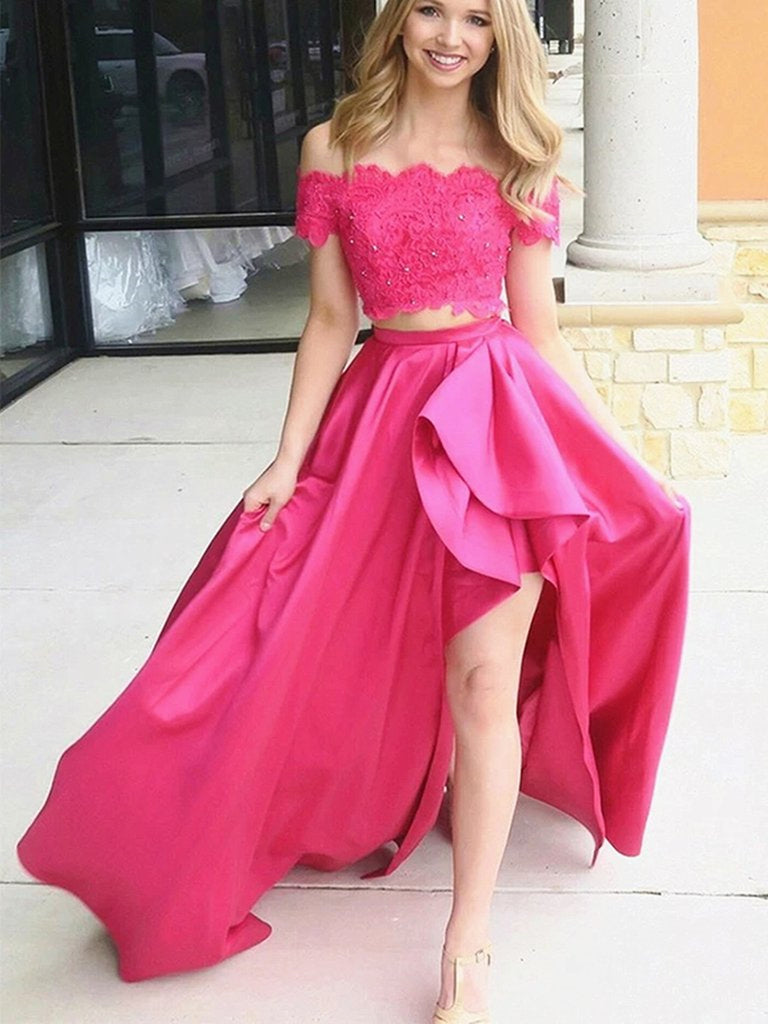 Two Pieces High Low Off Shoulder Lace Pink Long Prom Dresses, 2 Pieces Off the Shoulder Lace Pink Formal Dresses, Off Shoulder 2 Pieces Lace Pink Evening Dresses