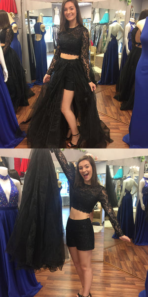 Two Pieces Long Sleeves Lace Black Prom Dresses, Two Pieces Black Formal Dresses, Evening Dresses
