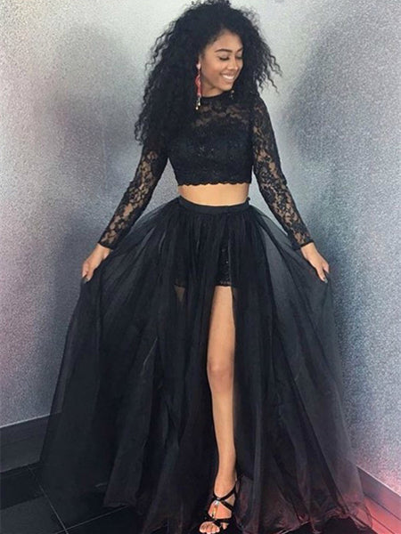 Two Pieces Long Sleeves Lace Black Prom Dresses, Two Pieces Black Formal Dresses, Evening Dresses