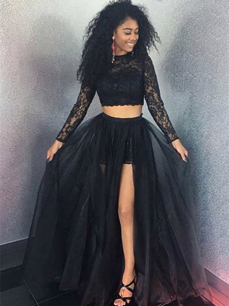 Two Pieces Long Sleeves Lace Black Prom Dresses, Two Pieces Black Form