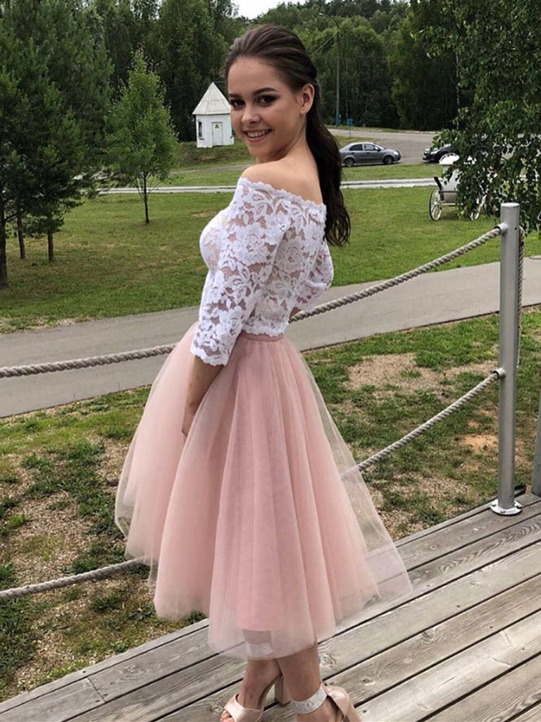 Two Pieces Long Sleeves White Lace Top Pink Short Prom Dresses Homecom –  Shiny Party