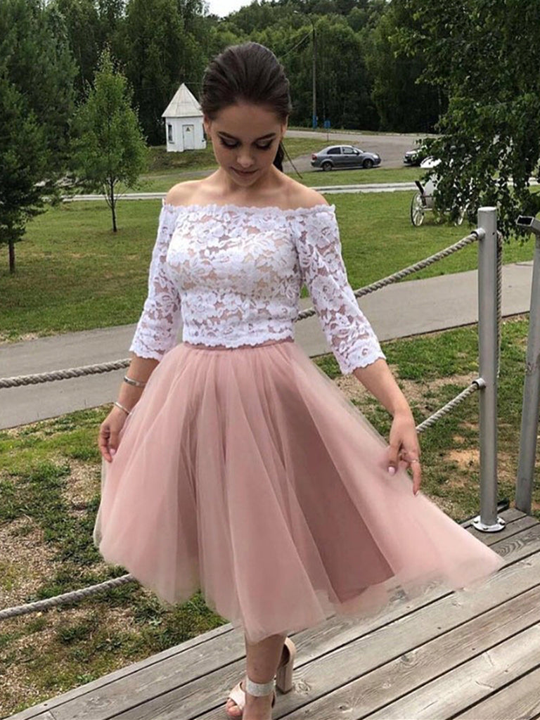 Two Pieces Long Sleeves White Lace Top Pink Short Prom Dresses Homecoming Dresses, Long Sleeves Lace Formal Dresses, Evening Dresses