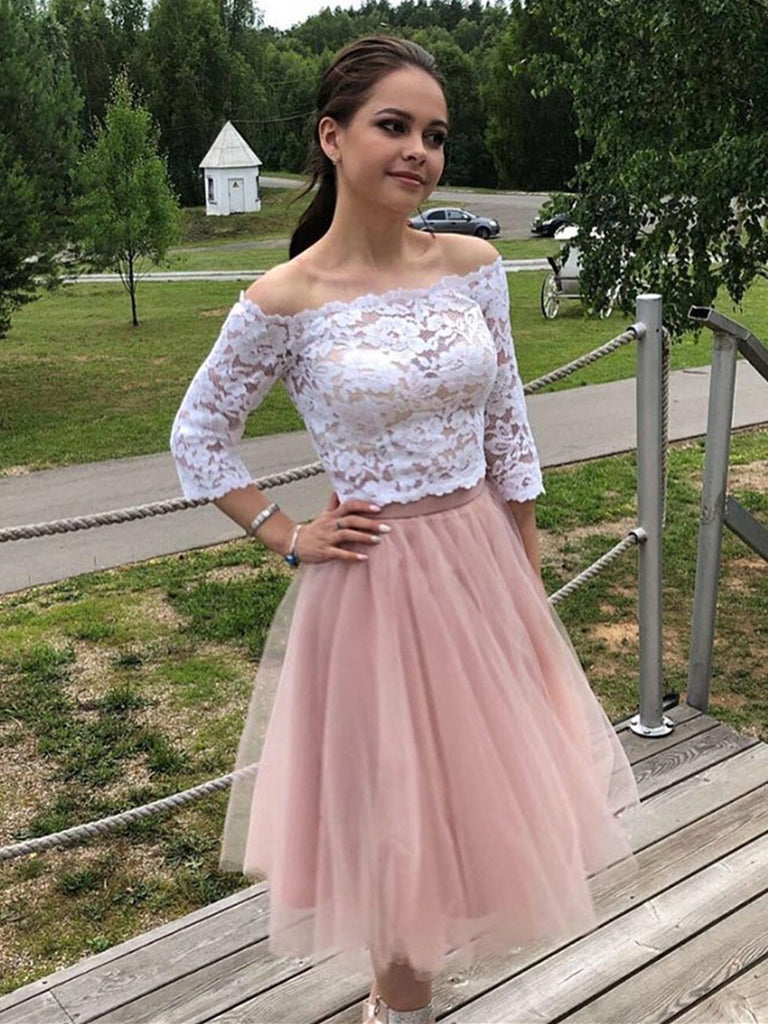 Two Pieces Long Sleeves White Lace Top Pink Short Prom Dresses Homecom Shiny Party Two Pieces Long Sleeves White Lace Top Pink Short Prom Dresses Homecom Shiny Party