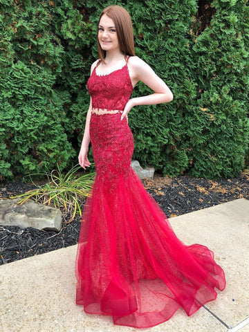 Two Pieces Mermaid Lace Long Burgundy Prom Dresses, Two Pieces Burgundy Lace Formal Dresses, Mermaid Burgundy Lace Evening Dresses