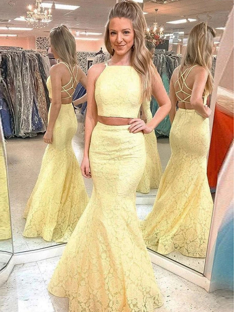 Two Pieces Mermaid Yellow Lace Prom Dresses, Two Pieces Mermaid Yellow Formal Dresses, Two Pieces Lace Yellow Evening Dresses