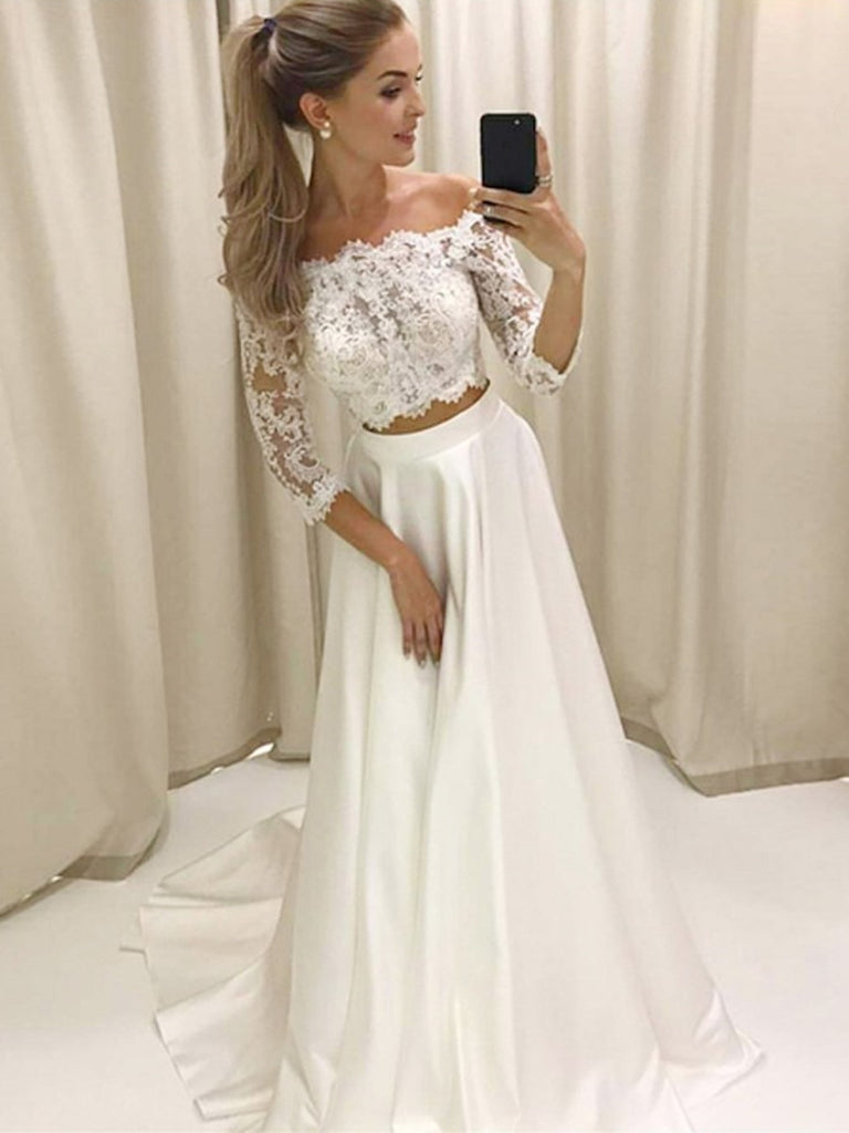 Two Piece Half Sleeves White Lace Long Prom Dresses Formal Fancy