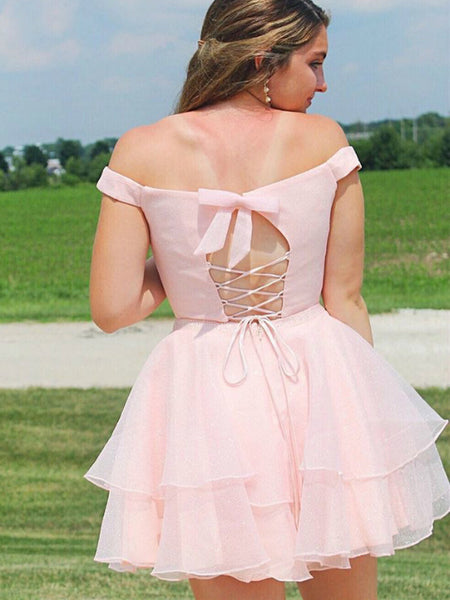 Two Pieces Off the Shoulder Pink Short Prom Dresses Homecoming Dresses with Cross Back, Off Shoulder Two Piece Pink Formal Graduation Evening Dresses