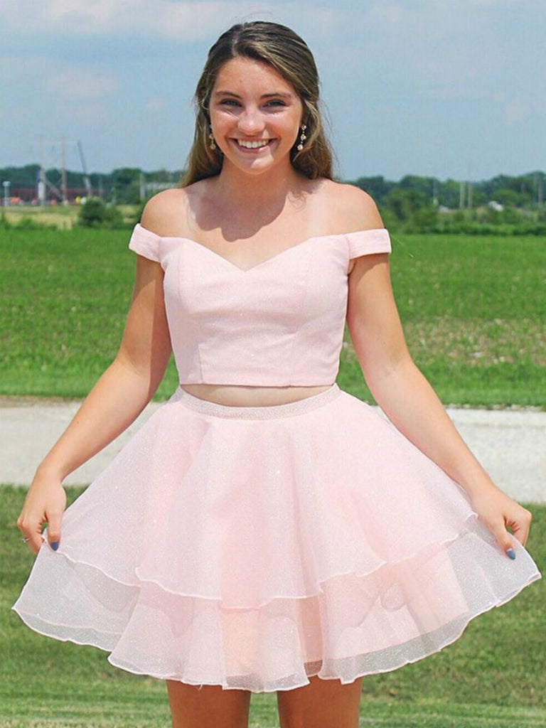 Two Pieces Off the Shoulder Pink Short Prom Dresses Homecoming Dresses with Cross Back, Off Shoulder Two Piece Pink Formal Graduation Evening Dresses Two Pieces Off the Shoulder Pink Short Prom Dresses Homecoming Dresses with Cross Back, Off Shoulder Two Piece Pink Formal Graduation Evening Dresses