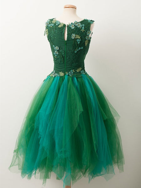Unique Beaded Floral Short Green Lace Prom Dresses, Fluffy Green Lace Formal Graduation Homecoming Dresses