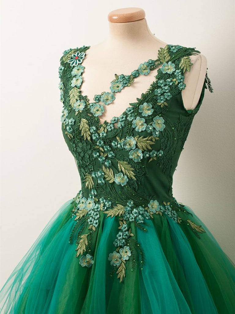 Unique Beaded Floral Short Green Lace Prom Dresses, Fluffy Green Lace Shiny Party Unique Beaded Floral Short Green Lace Prom Dresses, Fluffy Green Lace Shiny Party