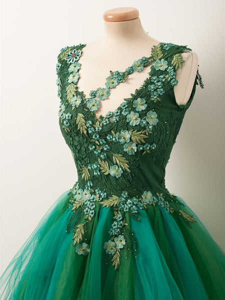 Unique Beaded Floral Short Green Lace Prom Dresses, Fluffy Green Lace Formal Graduation Homecoming Dresses