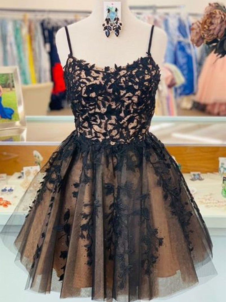 Unique Black Lace Champagne Short Homecoming Prom Dresses, Black Lace Shiny Party Unique Black Lace Champagne Short Homecoming Prom Dresses, Black Lace Shiny Party