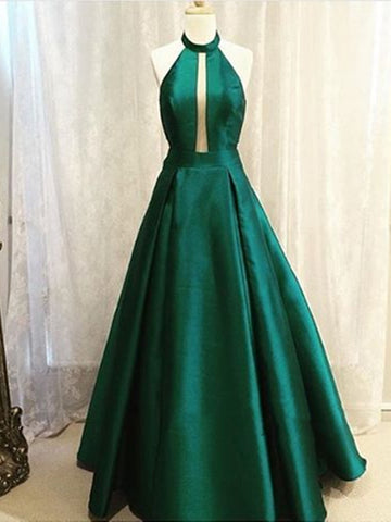 Unique High Round Neck Green Prom Dresses, Green Formal Dresses, Green Evening Dresses