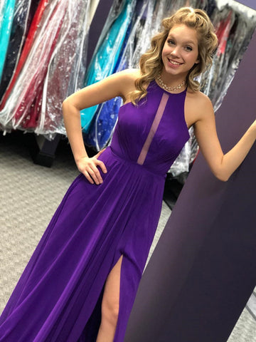 Unique Open Back Purple Chiffon Long Prom Dresses with High Slit, Long Purple Formal Graduation Evening Dresses SP2177