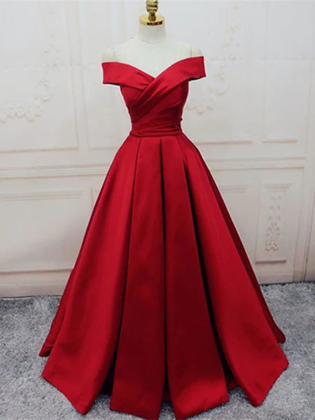 Unique Red Off Shoulder Floor Length Prom Dresses, Off Shoulder Formal Dresses