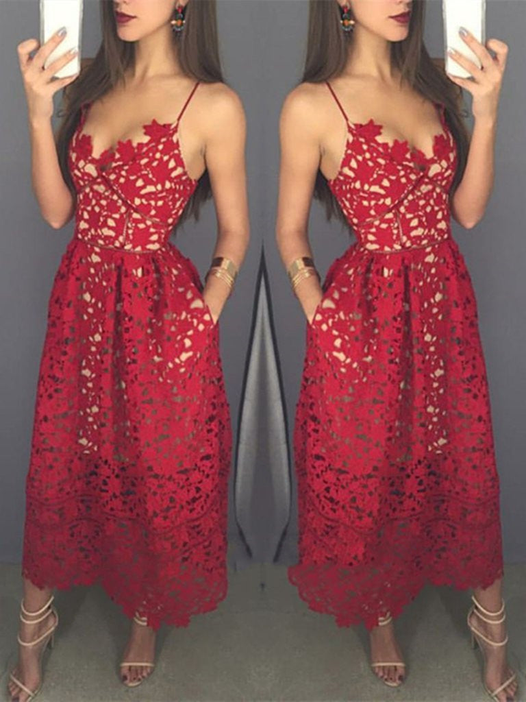 Unique Sweetheart Neck Tea Length Red Lace Prom Dress with Spaghetti Straps, Red Lace Formal Dresses, Graduation Dresses