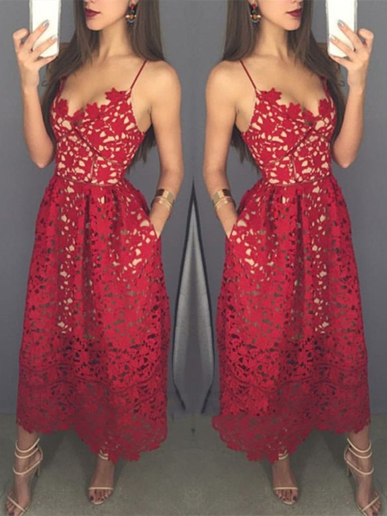 Unique Sweetheart Neck Tea Length Red Lace Prom Dress with Spaghetti S Shiny Party Unique Sweetheart Neck Tea Length Red Lace Prom Dress with Spaghetti S Shiny Party
