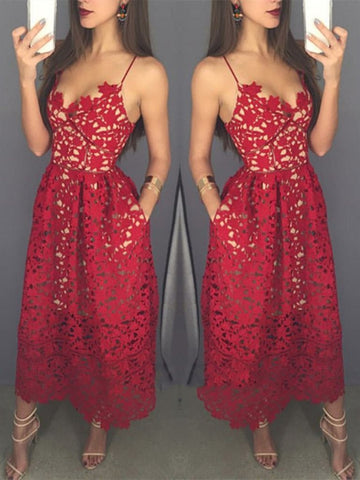 Unique Sweetheart Neck Tea Length Red Lace Prom Dress with Spaghetti Straps, Red Lace Formal Dresses, Graduation Dresses