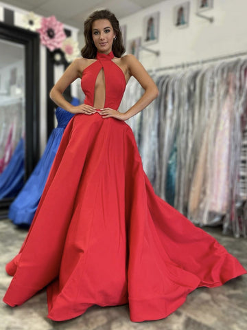 Unique V Neck Red Satin Long Prom Dresses, Long Red Formal Graduation Evening Dresses SP2211