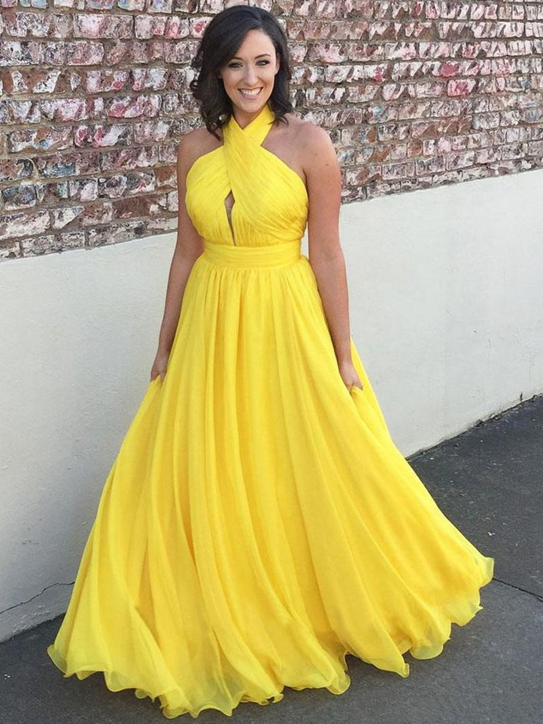 Unique A Line Halter Neck Backless Yellow Chiffon Long Prom Dresses, Halter Yellow Formal Graduation Evening Dresses