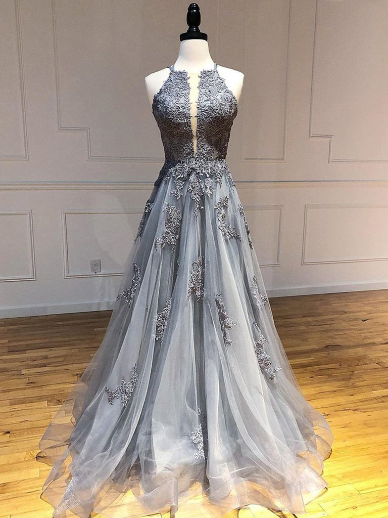 Unique Backless Lace Appliques Gray Long Prom Dresses, Backless Gray Lace Formal Dresses, Lace Gray Evening Dresses Unique Backless Lace Appliques Gray Long Prom Dresses, Backless Gray Lace Formal Dresses, Lace Gray Evening Dresses