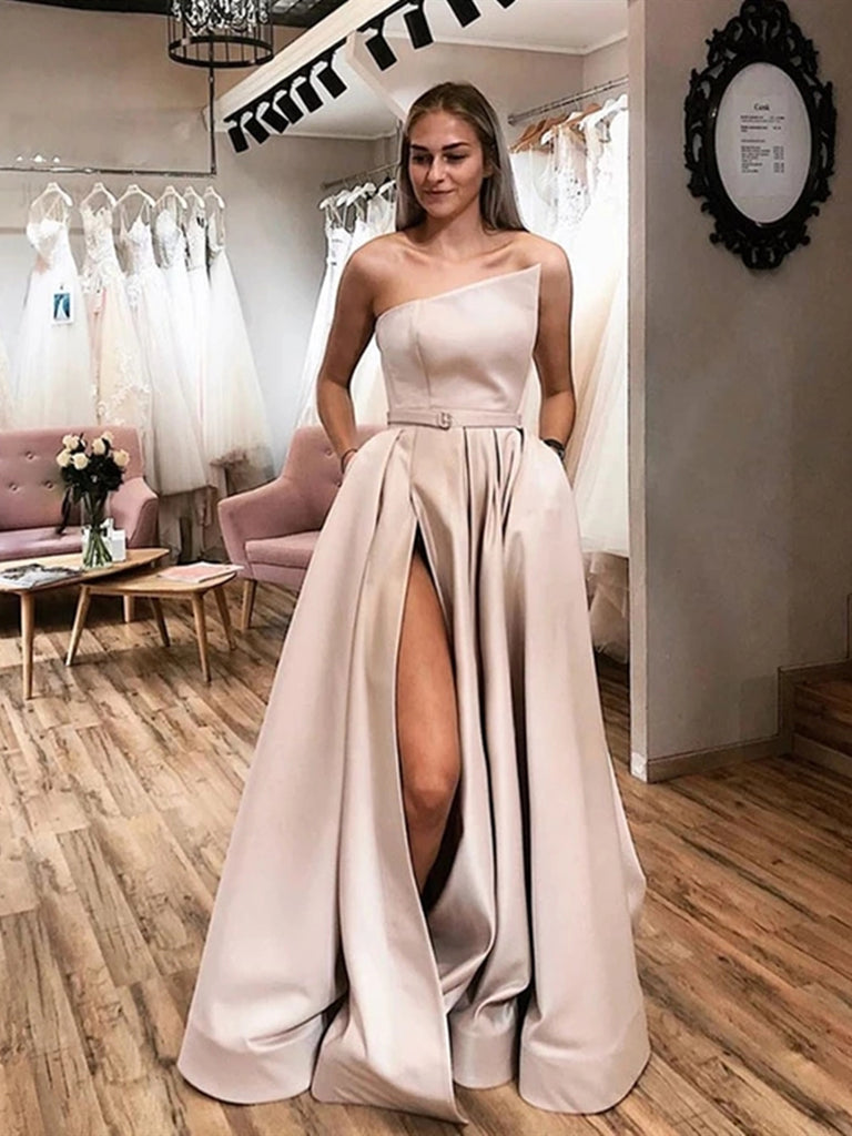 Unique Champagne Satin Long Prom Dresses with High Slit, Champagne For Shiny Party Unique Champagne Satin Long Prom Dresses with High Slit, Champagne For Shiny Party