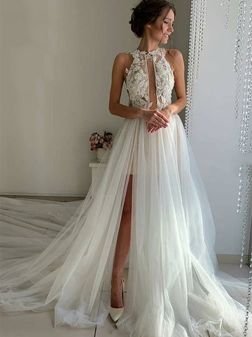 Unique High Neck Lace White Tulle Long Prom Wedding Dresses with High Split, White Lace Formal Evening Dresses