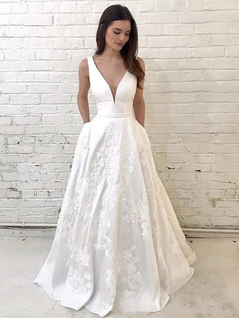 Unique V Neck Lace Appliques White Long Prom Wedding Dresses, V Neck W