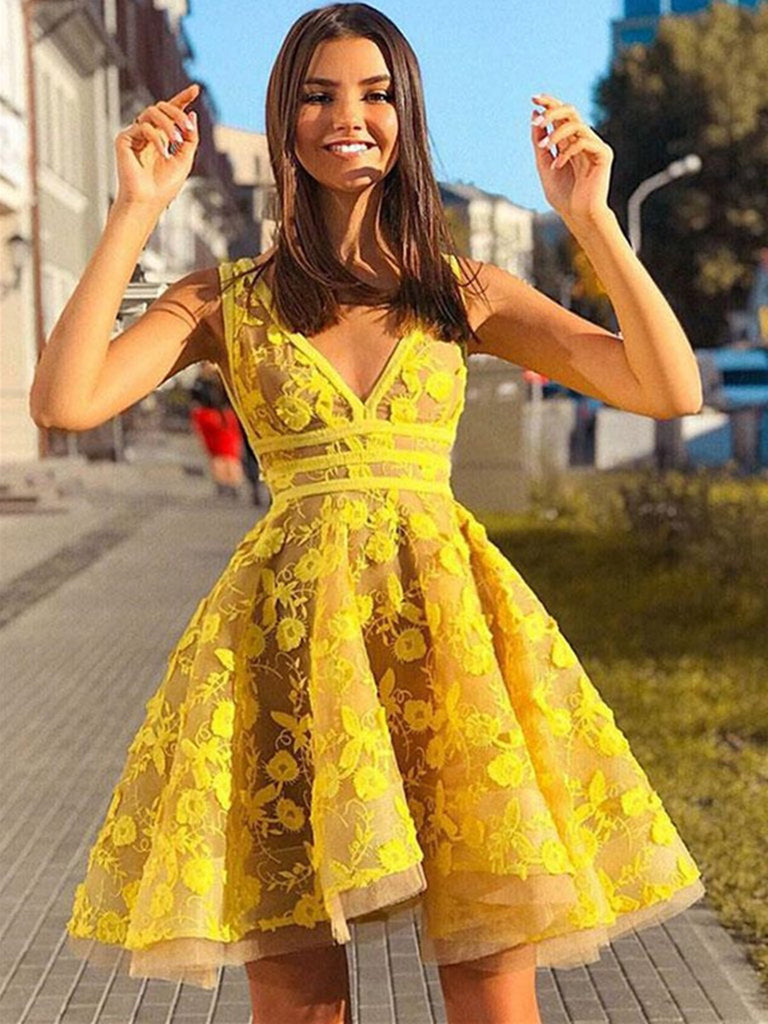 Unique V Neck Lace Appliques Yellow Short Prom Dresses Homecoming Dresses, Yellow Lace Formal Dresses, Graduation Dresses, Evening Dresses Unique V Neck Lace Appliques Yellow Short Prom Dresses Homecoming Dresses, Yellow Lace Formal Dresses, Graduation Dresses, Evening Dresses