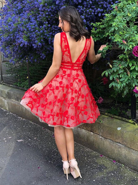 Unique V Neck and V Back Red Lace Flowers Short Prom Dresses Homecoming Dresses, Red Lace Formal Dresses, Red Evening Dresses, Lace Graduation Dresses