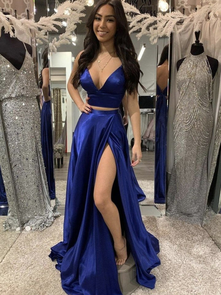 Sexy & Simple Royal Blue Satin High Slit Prom Dress - Promfy
