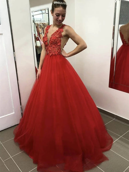 V Neck Backless Appliques Top Red Lace Long Prom Dresses, Backless Red Lace Formal Dresses, Red Lace Evening Dresses