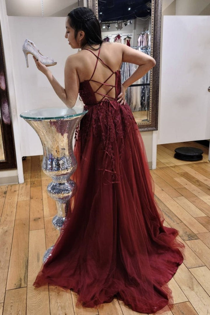 V Neck Backless Burgundy Lace Long Prom Dresses, Long Wine Red Lace Formal Evening Dresses V Neck Backless Burgundy Lace Long Prom Dresses, Long Wine Red Lace Formal Evening Dresses