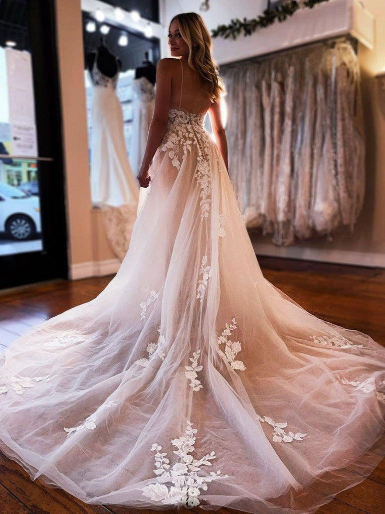 V Neck Backless Champagne Lace Floral Long Prom Dresses, Champagne Lac Shiny Party V Neck Backless Champagne Lace Floral Long Prom Dresses, Champagne Lac Shiny Party