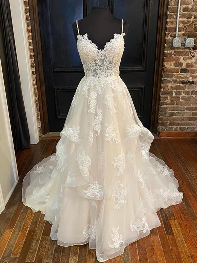 V Neck Backless Champagne Lace Long Prom Dresses, Champagne Lace Weddi Shiny Party V Neck Backless Champagne Lace Long Prom Dresses, Champagne Lace Weddi Shiny Party