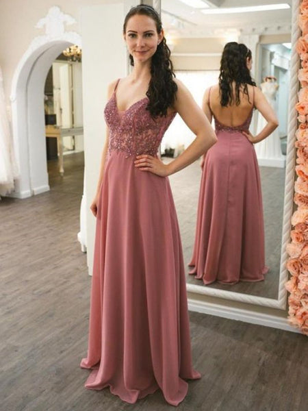 V Neck Backless Dusty Pink Lace Beaded Long Prom Dresses, Dusty Pink Lace Formal Graduation Evening Dresses SP2138